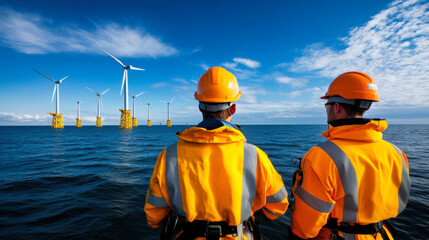 Workers observing wind turbines offshore