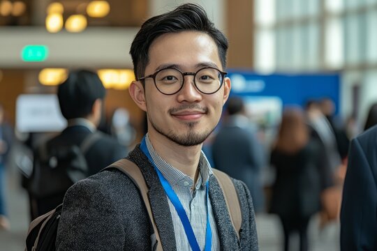 Young business techie attending a tech conference, networking with other attendees and exchanging ideas, Generative AI 