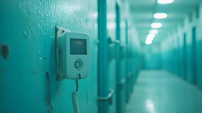 Zoomed Electronic Ankle Monitor on High Tech Charging Station in Modern Prison