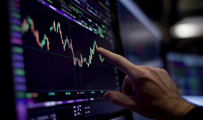 Fototapeta premium Dito che mostra l'andamento di un trend di un titolo. Borsa, finanza e investimenti.