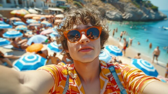 A young male travel video blogger vlogger wearing sunglasses takes selfies against the backdrop of a beach on a tropical island