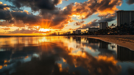 A beautiful sunset over the ocean with a reflection of the city skyline in the water