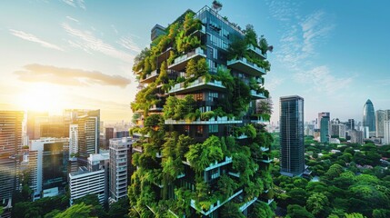 Obraz premium Energy efficient office building: High-rise office building with green roofs and vertical gardens, facade with solar panels, large windows with energy efficient glazing
