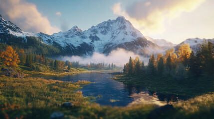 Fototapeta premium Breathtaking mountain landscape with snow capped peaks, lush green forests, and serene lake reflecting vibrant colors of nature. scene evokes tranquility and awe