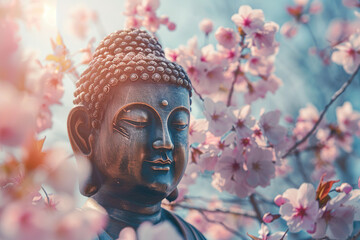 Beautiful greeting card with ancient statue great Buddha to bright holiday composition