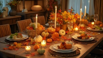 An autumn table setting featuring elegant dinnerware, white candles, and charming seasonal decorations, perfectly arranged for a festive celebration, creating a warm and inviting atmosphere