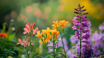 Obraz premium A colorful garden with a mix of flowers including pink, orange, and purple. The flowers are arranged in a way that creates a sense of harmony and balance