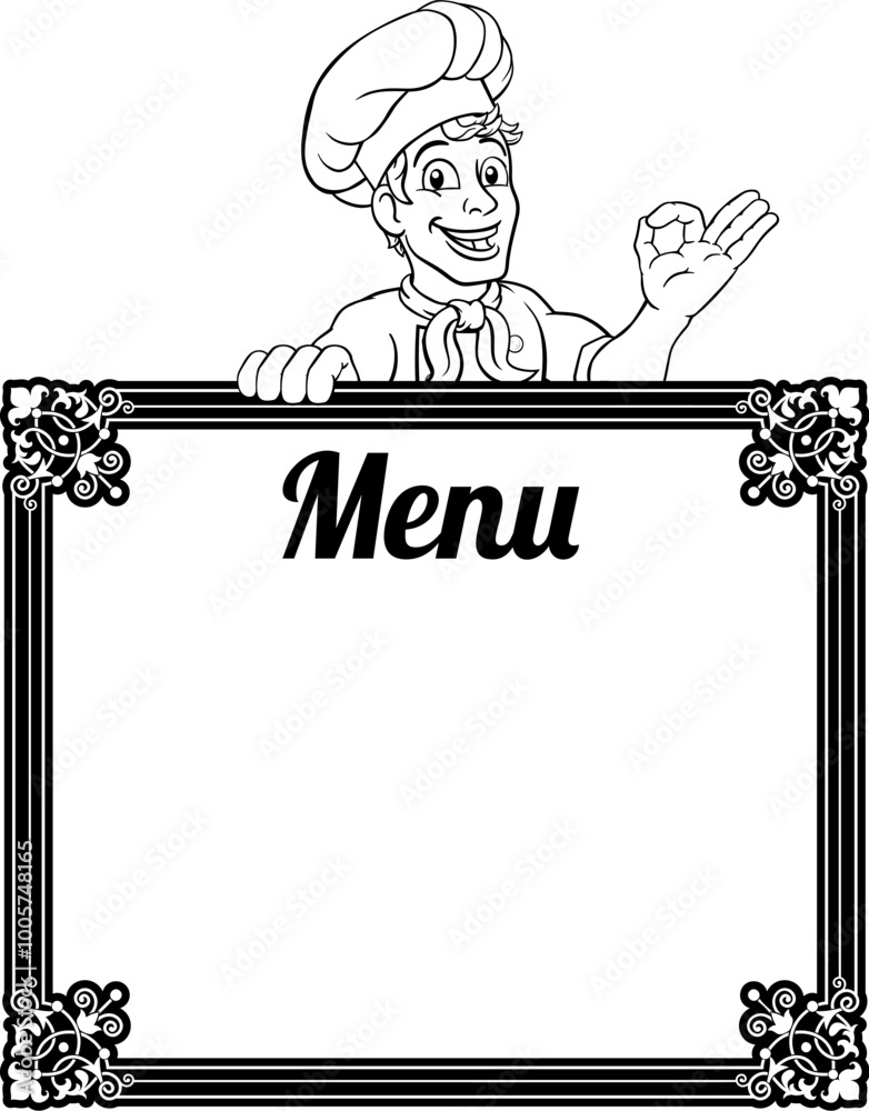 Canvas Prints A chef cook or baker man cartoon character giving a perfect or okay chefs hand sign and peeking over a background menu sign