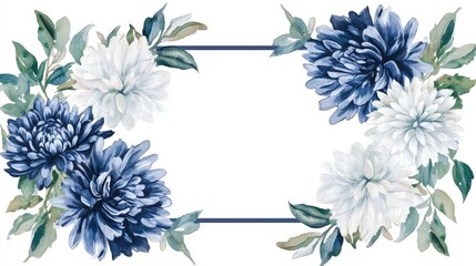 Obraz premium A rectangular border of navy blue, silver, and white chrysanthemums with lush green leaves, painted in a soft watercolor style on a clean white background.