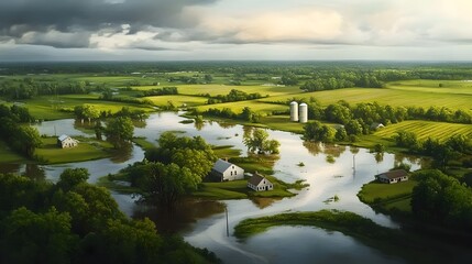 Naklejka premium Aerial landscape showcasing the widespread inundation of a rural community with lush green fields and winding rivers now submerged weathered farmhouses and silos partially submerged
