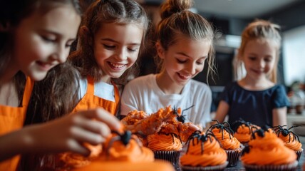 Fototapeta premium Girls Decorating Halloween Cupcakes with Spider Toppings