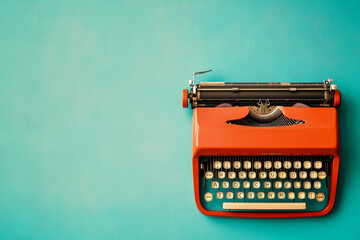A vintage red typewriter sits on a blue background. The typewriter is old fashioned and has a nostalgic feel to it. The blue background adds a pop of color and contrast to the image