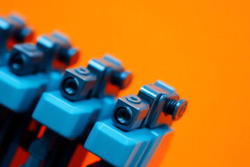 Fototapeta premium A row of blue and black guns are lined up on a red background. The guns are all the same size and shape, and they are all pointed in the same direction. The scene is very symmetrical and uniform