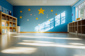 A bright blue room with a star wall and a lot of books. The room is empty and the sun is shining through the windows