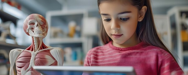 Young Girl Exploring Anatomy with Interactive 3D Models on Tablet for Science Education