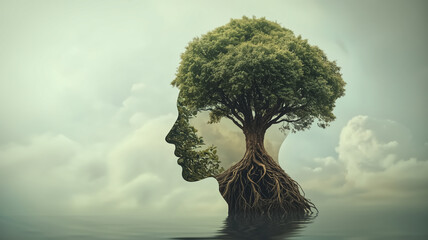 Side profile of a human head with a large tree sprouting from th