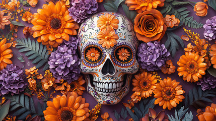 Colorful decorated skull surrounded by vibrant flowers, positioned off-center against a smooth purple background, creating a cheerful and festive atmosphere....