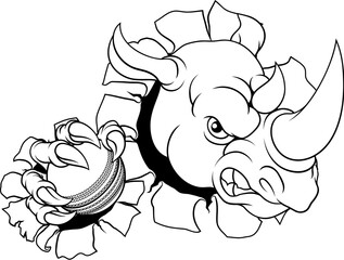 A Rhino Rhinoceros mean tough cartoon sports animal mascot holding a cricket ball