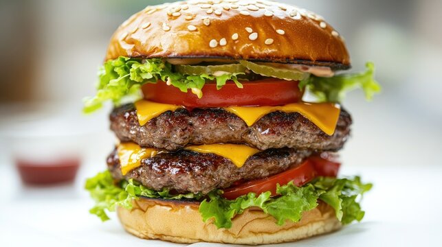 A delicious gourmet burger stacked high with fresh lettuce, juicy tomatoes, and melted cheese, presented on a clean white background for a mouthwatering appeal.
