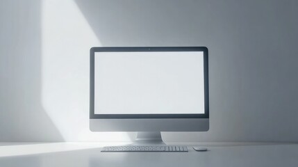 Fototapeta premium A desktop computer with a white screen on a sleek desk, set against a white background, creating a minimalistic and modern tech environment.