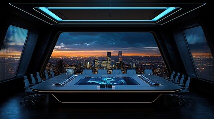 Obraz premium Futuristic conference room with a city view.
