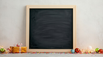 Chalkboard with festive decorations expressing New Year sentiments.