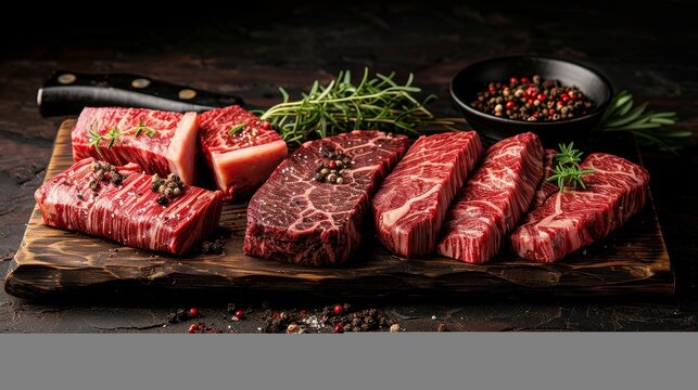 Premium assortment of raw black angus prime steaks featuring machete and blade cuts