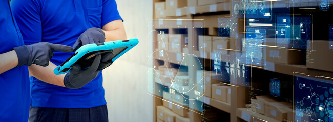 Mixed media of warehouse workers and digital technology concept. Wide angle visual for banners or advertisements.