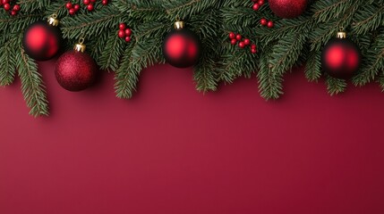 Christmas decorations with red baubles, green pine branches.