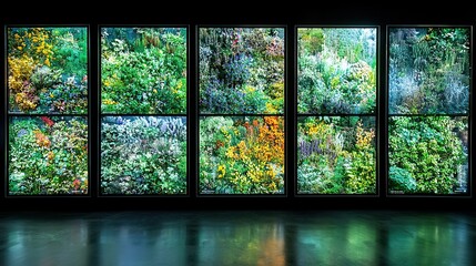 A large window with multiple panes showcasing a vibrant green and colorful garden scene.