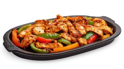 Fototapeta premium A flavorful chicken fajita platter with sizzling pieces of chicken and colorful bell peppers, presented on a bright white background for a fun presentation.