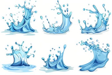 Set of cartoon water splashes in various shapes and movements.