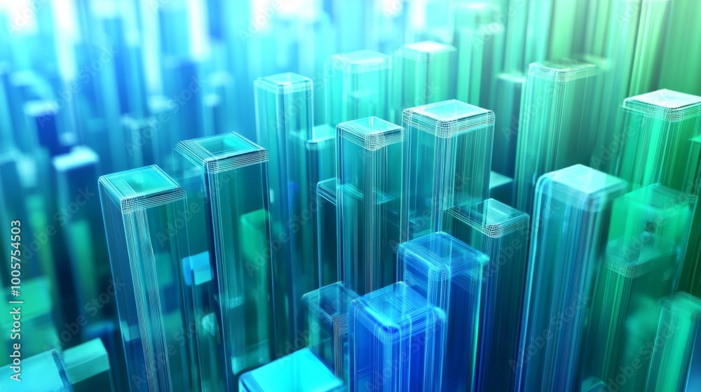 Poster a futuristic 3d bar graph with semi-transparent bars in various shades of blue and green, with digit