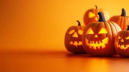 Multiple glowing Jack-o-Lantern pumpkins with spooky carved faces on a vibrant orange background, with free space on the left for text or design elements 