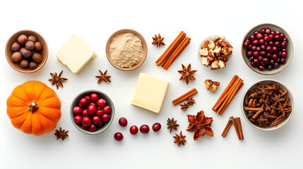 Raw ingredients used in Thanksgiving dishes (like cinnamon, butter, pumpkins, and cranberries) arranged neatly