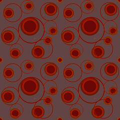 A vibrant retro circular pattern with red, yellow, and orange circles forming a seamless abstract background with a vintage, tribal, and floral-inspired design
