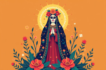 Dia de Los Muertos and Day of Dead Catrina calavera with skulls, bones and flowers for fiesta