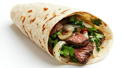 A grilled steak wrap filled with juicy beef, onions, and greens, displayed on a bright white background for a simple, modern food presentation.