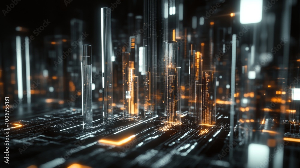 Aufkleber A futuristic 3D financial bar graph with transparent bars, highlighting profit and loss trends in different sectors, set against a dark digital interface with glowing numbers.