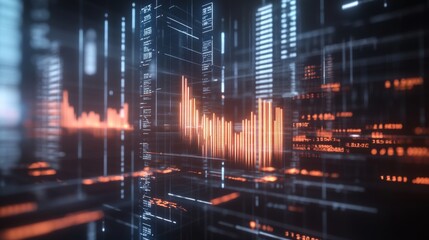 A futuristic 3D financial bar graph with transparent bars, highlighting profit and loss trends in different sectors, set against a dark digital interface with glowing numbers.