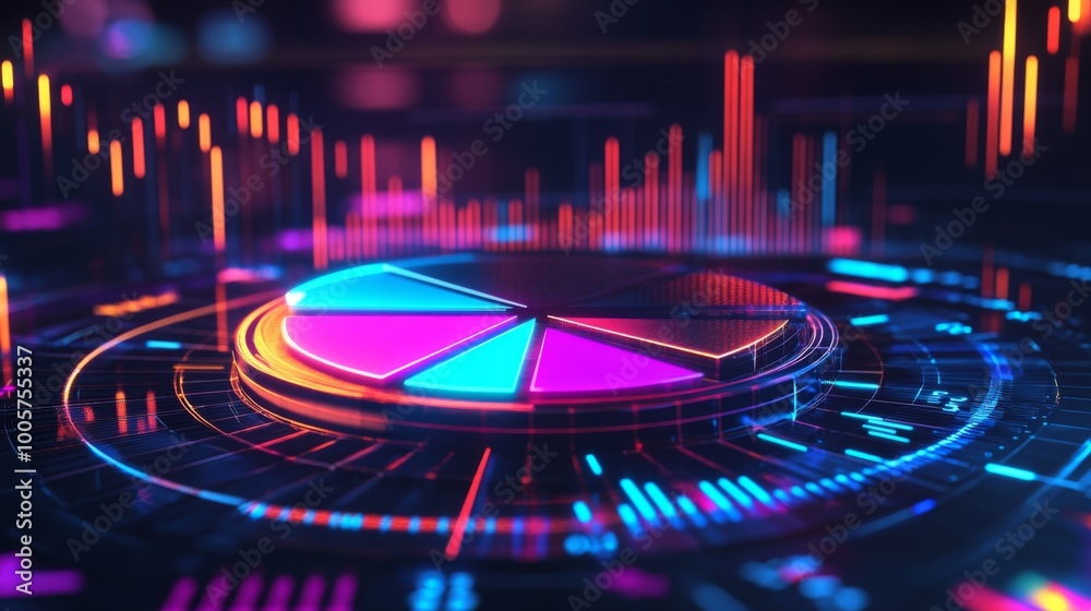 Aufkleber a futuristic financial pie chart with neon-colored segments and data points, representing profit mar