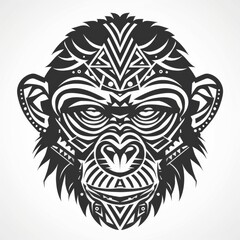 Obraz premium Detailed black and white tribal art of a monkey face with geometric patterns and intricate design elements.