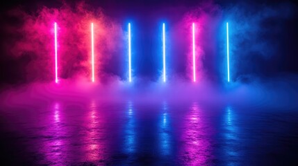 Empty Stage with Colorful Spotlights, Fog Effect, and Purple-Blue Lights for Presentation or Concert