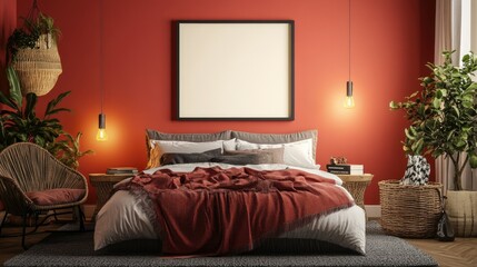 A large mockup frame above the bed in a modern bedroom, set against a vibrant red background, surrounded by stylish decor and soft lighting.