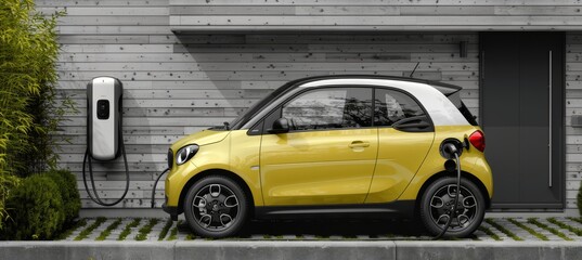 Futuristic electric vehicle charging at station, highlighting innovative green technology on white