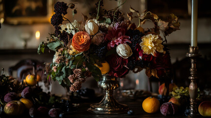 Naklejka premium A table with a vase of flowers and fruit. The flowers are red and yellow, and the fruit is orange and purple. The table setting is elegant and inviting, with candles and a painting in the background