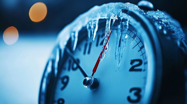 Frozen clock with icicles in a winter landscape