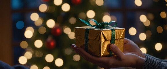A close-up of a couple's hands holding a wrapped gift in front of a glowing Christmas tree, with bokeh lights creating a festive, cozy atmosphere