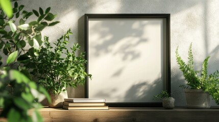 A minimalist display featuring a blank frame, books, and lush greenery on a wooden shelf.