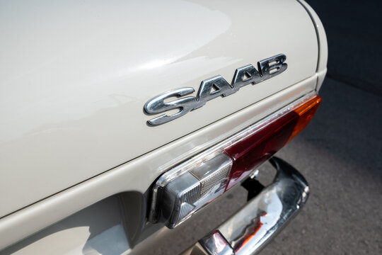 close up of a vintage saab logo on Saab 99 car